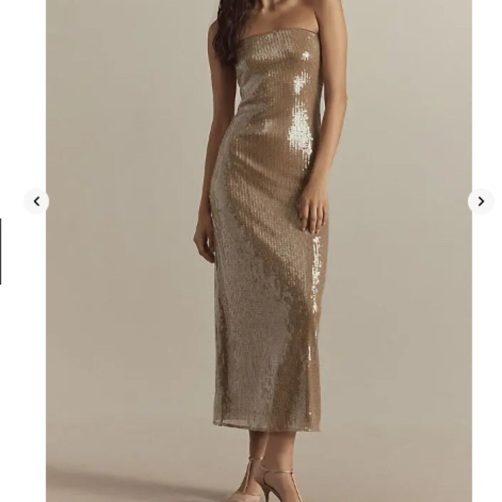 Anthropologie Hutch Strapless Sequin Column Midi Dress in Beige - Sz Small (NWT)